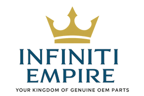 Logo: Crown icon + Infiniti font
Colors: Black/Gold/Infiniti Blue
Tagline: "Your Kingdom of Genuine OEM Parts"